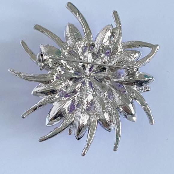 Purple Rhinestones Flower Large Crystal Floral Brooch Silver Tone 2.5in - Picture 7 of 11